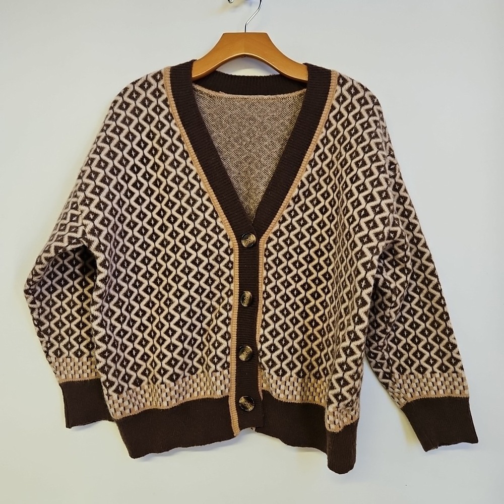 Jacquard Chocolate Brown Knit Cardigan Sweater Size L Women's Academia Old Money